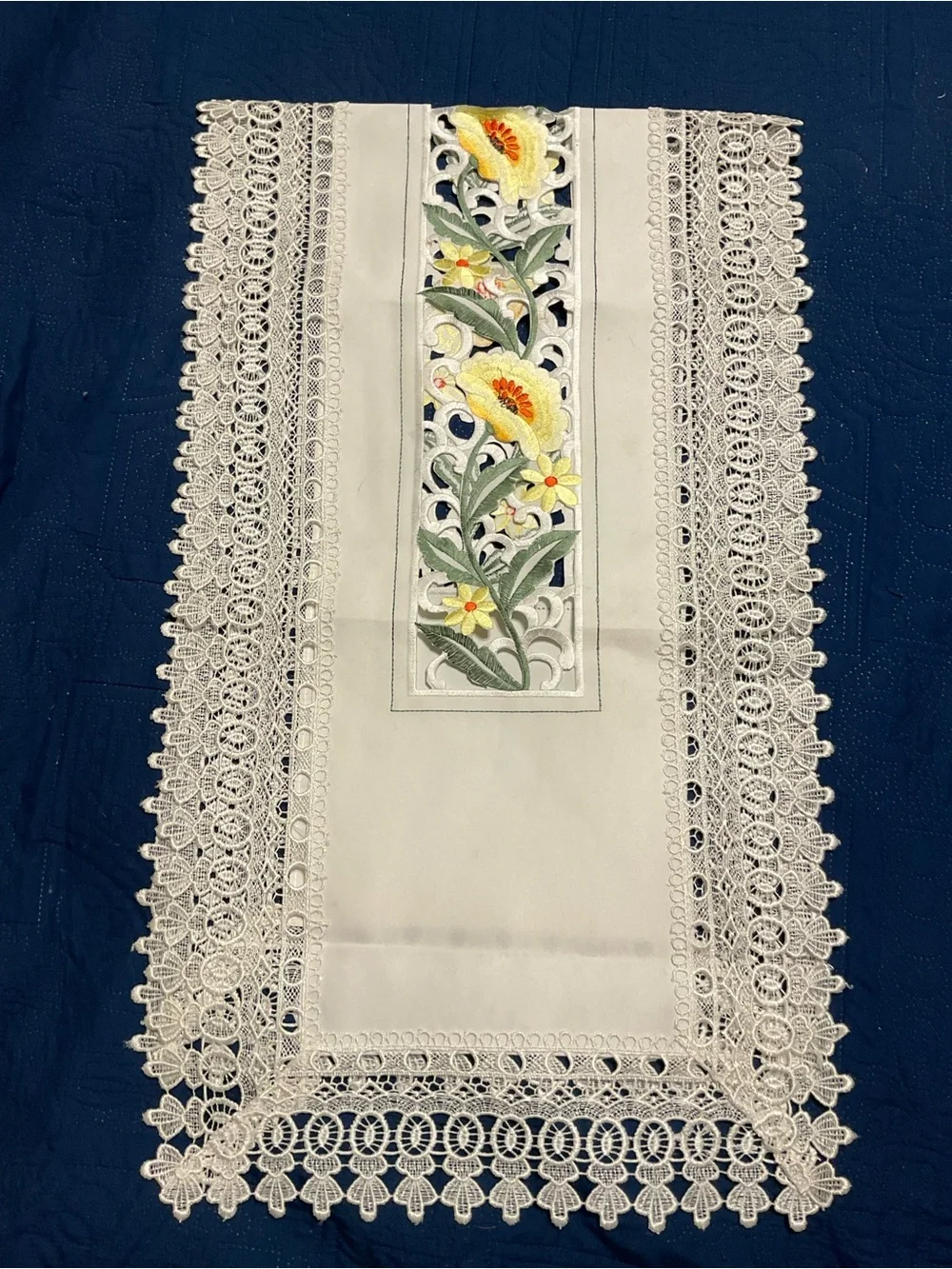 Cream Embroidered Floral Table Runner Cutout Lace - Yellow Flower Detail 50”